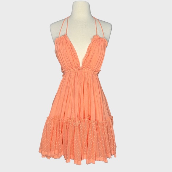 Free People Small Peach 100 Degree Swiss Dot Gauzey Ruffle Boho Dress Festival - Picture 1 of 9